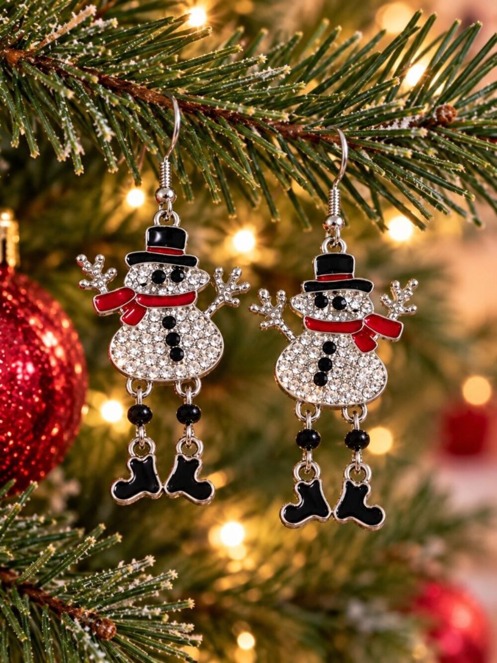 Festive Snowman Rhinestone Dangle Earrings Red Black Silver Hook Holiday Jewelry